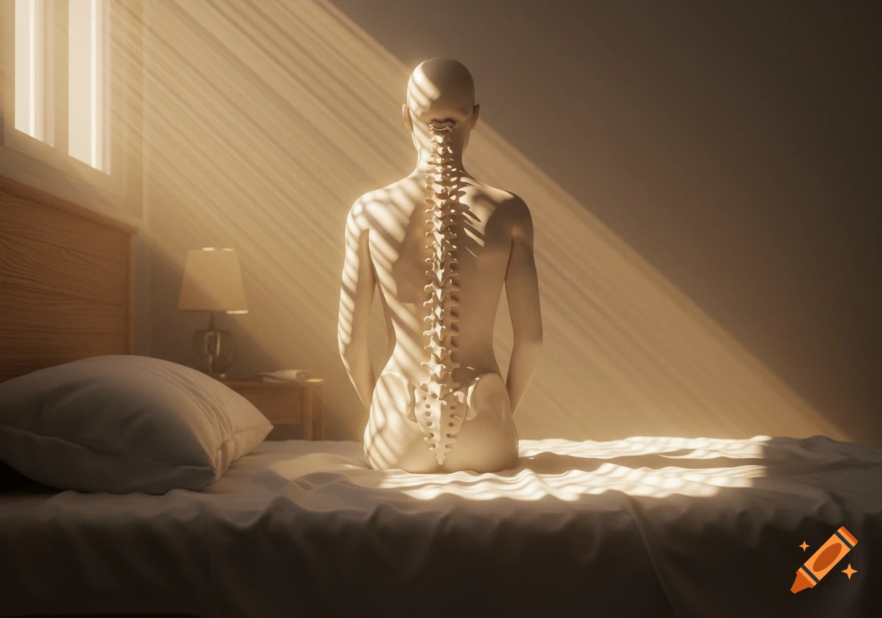 A stylized human figure with an exposed skeletal spine and pelvis sits on a bed, bathed in warm sunlight.