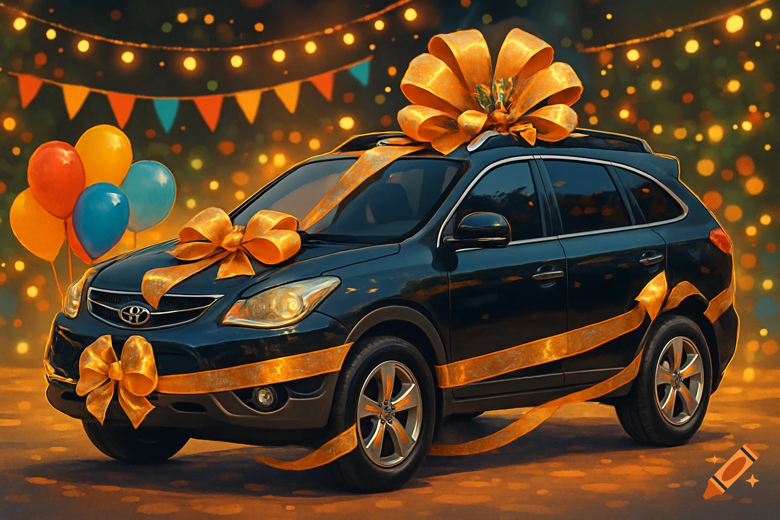 A dark SUV wrapped in golden gift ribbons and bows, with balloons and festive lights in the background, presented as a gift.