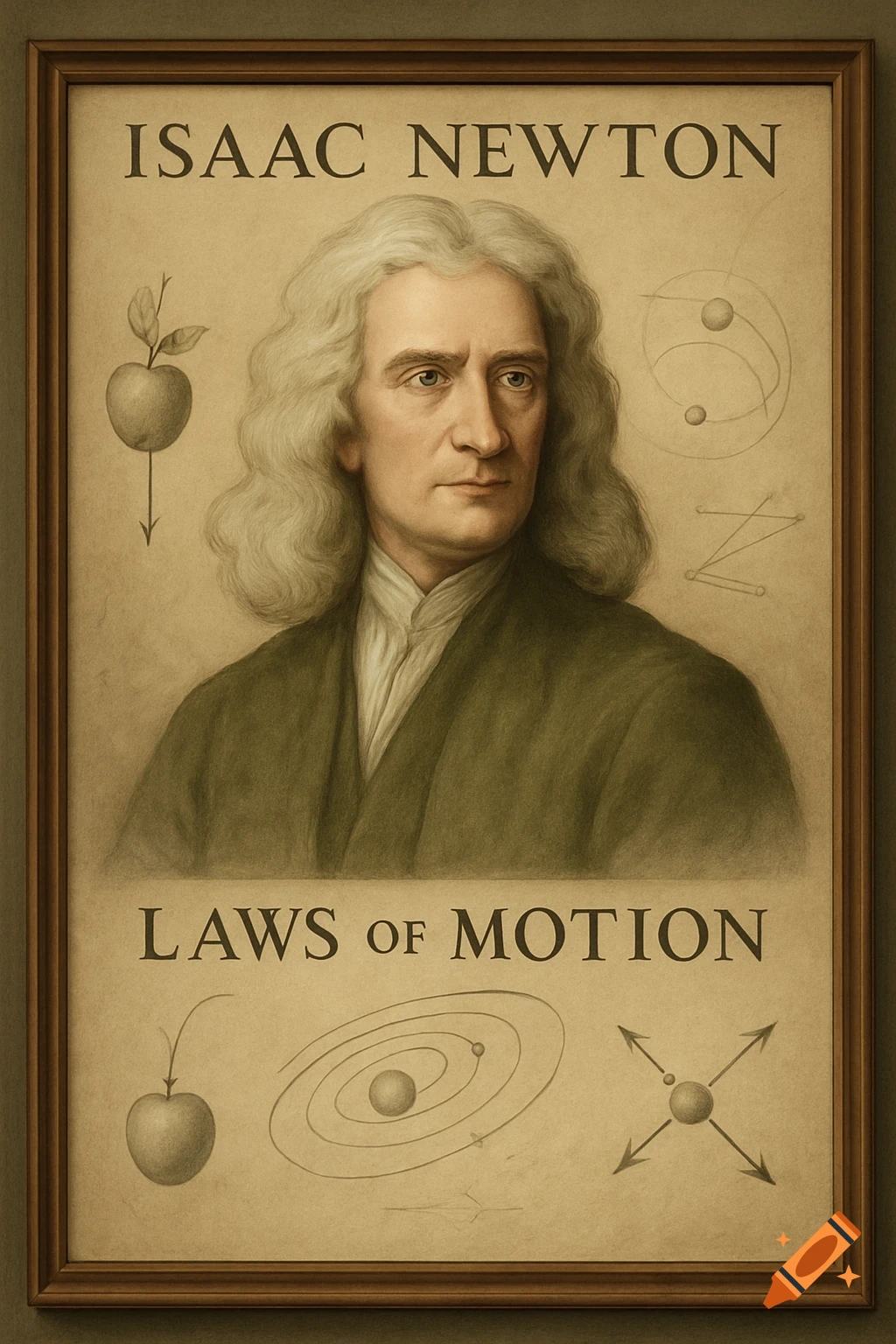 A framed poster features a portrait of Isaac Newton with long white hair. Text reads "ISAAC NEWTON" and "LAWS of MOTION", surrounded by illustrations of a falling apple, a solar system, and force arrows.