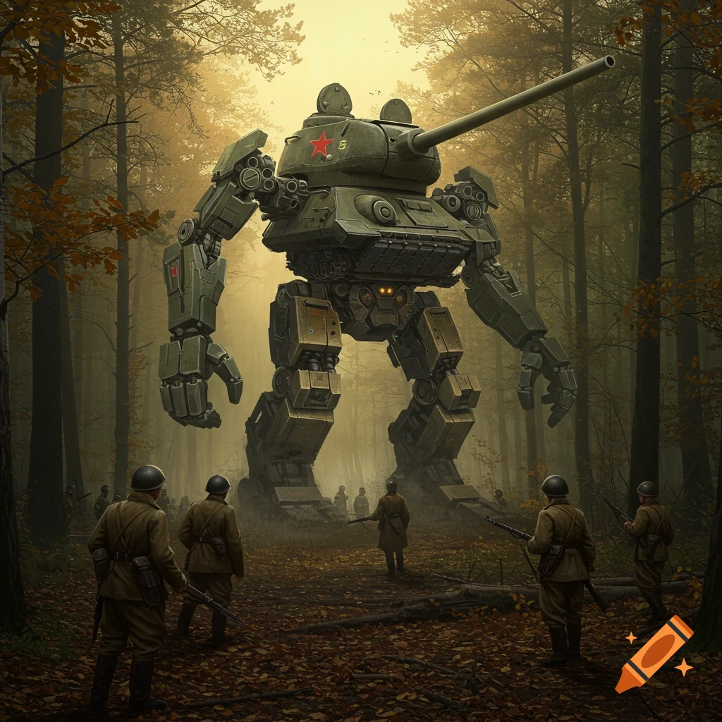A colossal, green tank-like robot stands in an autumn forest, surrounded by WWII-era soldiers looking up at it.