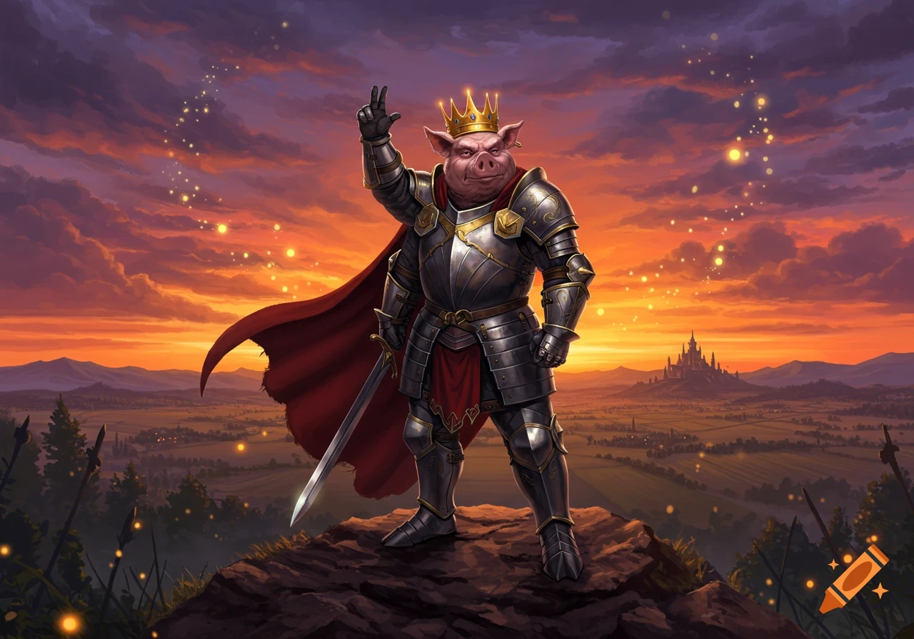 A pig in knight armor and a crown holds a sword, standing on a rock overlooking a valley with a castle at sunset, with magical sparks.
