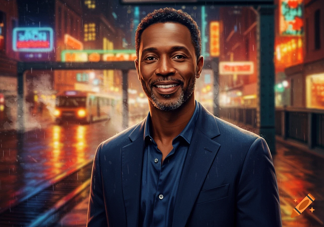 Smiling Black man in a dark suit on a rainy city street at night, with blurred neon signs and a bus.