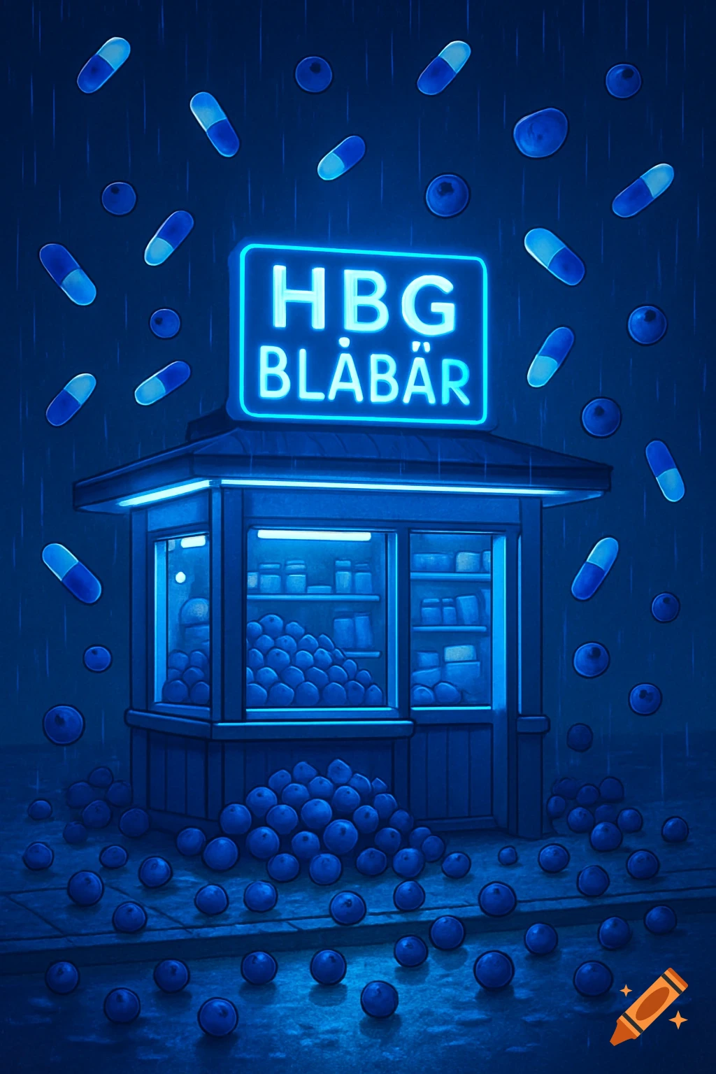 A blue neon art illustration of a kiosk with 'HBG BLÅBÄR' sign, surrounded by falling blueberries and blue-and-white pills.