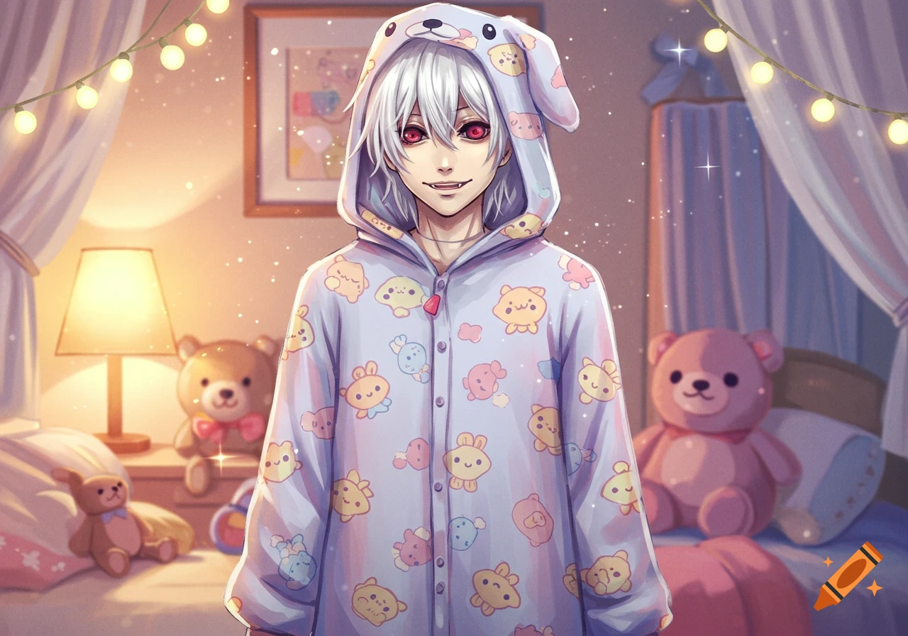 A white-haired anime character with red eyes and small fangs wears a light blue bunny onesie, standing in a warmly lit bedroom with teddy bears and fairy lights.