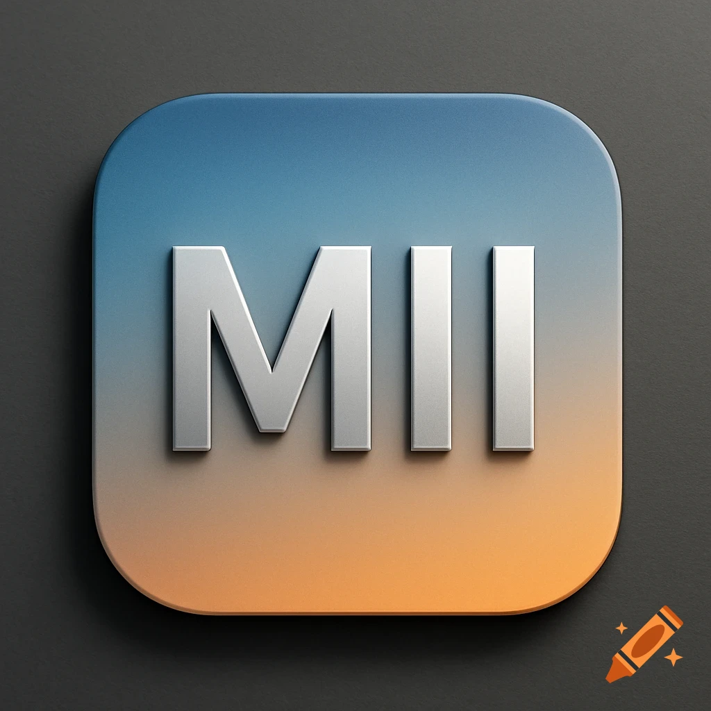 A rounded square app icon with a blue to orange gradient background and the letters "MII" in silver 3D text.