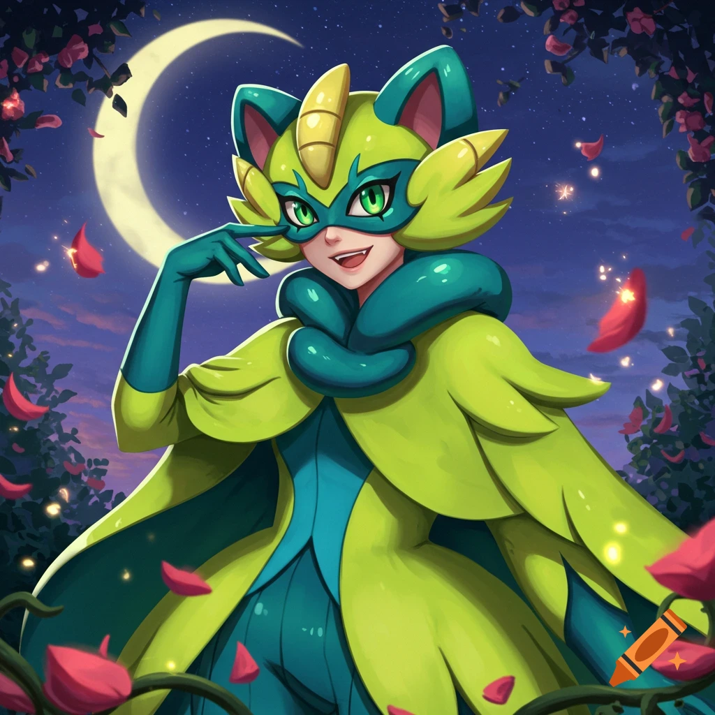 Anime-style Liko from Pok osteremon cosplays as Meowscarada at night under a crescent moon, surrounded by roses.
