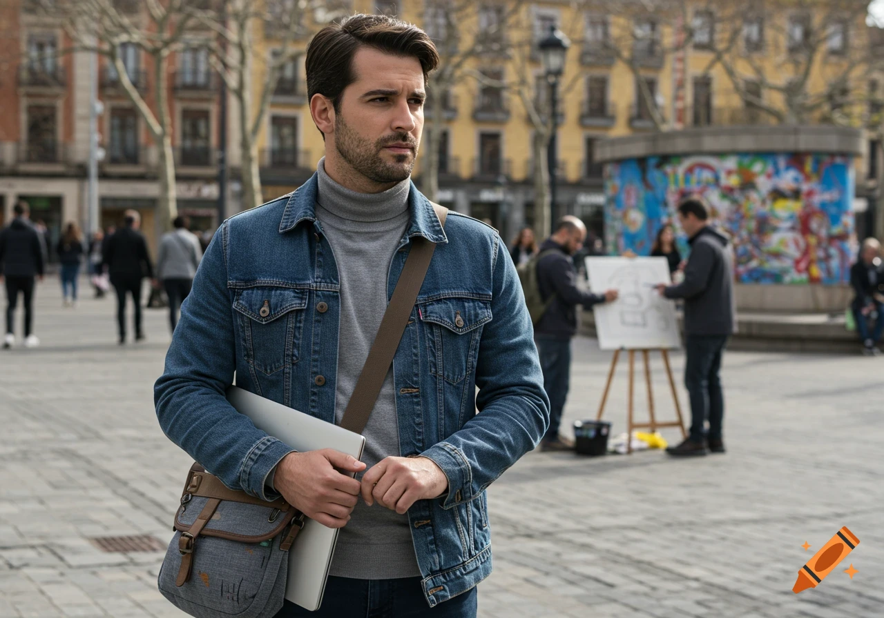 A man in a denim jacket and grey turtleneck carries a laptop and messenger bag, walking in a sunny urban plaza.