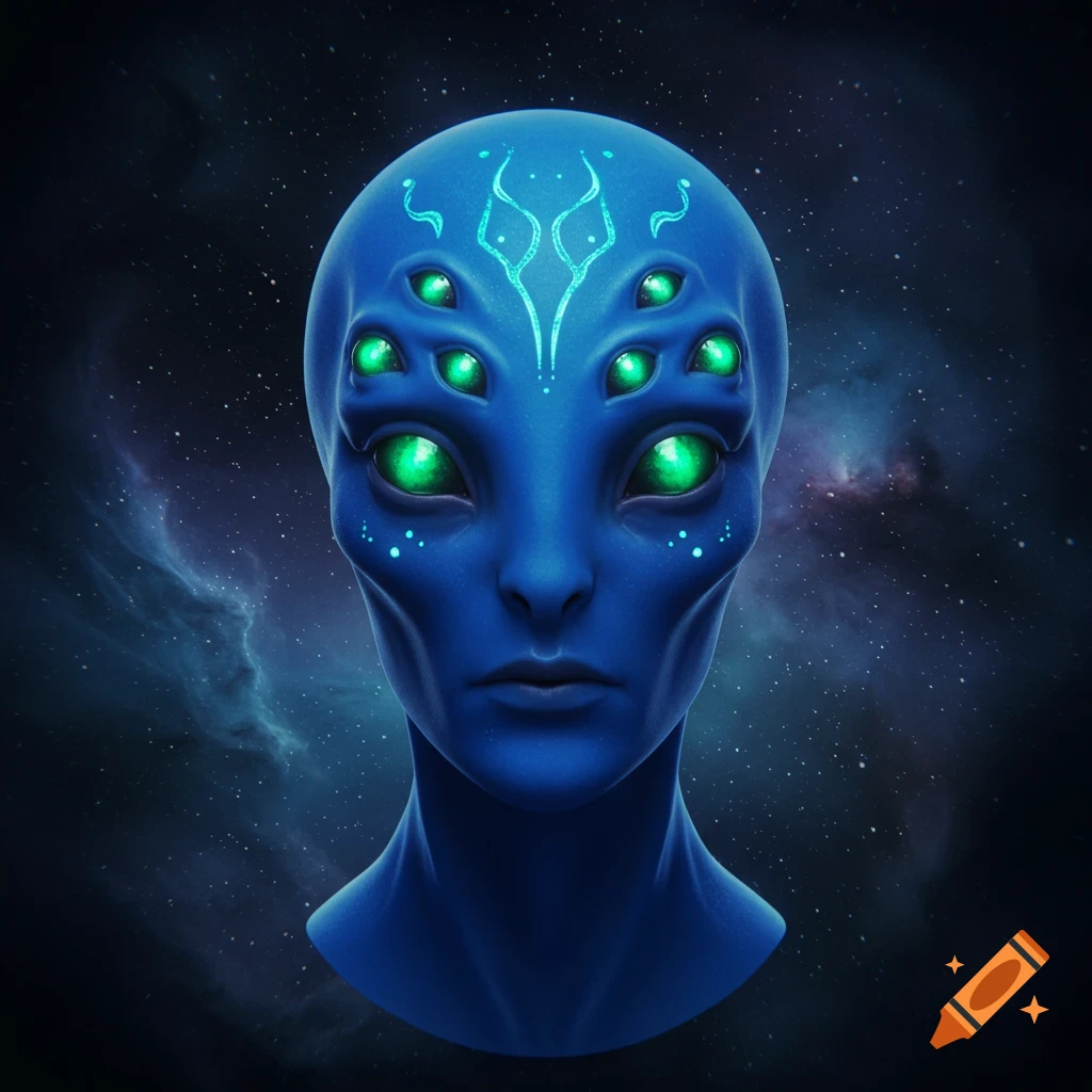 A detailed blue alien head with eight glowing green eyes against a dark starry space background.