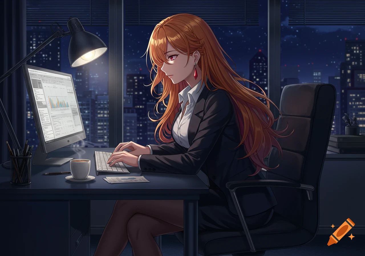 An anime office lady with long orange hair and red eyes works at a computer at night, a cityscape visible outside the window.