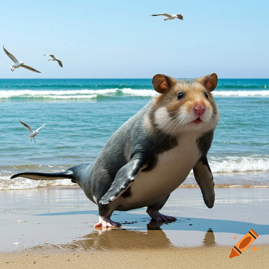 A photorealistic hamster-whale hybrid creature stands on a sandy beach with seagulls and ocean in the background.