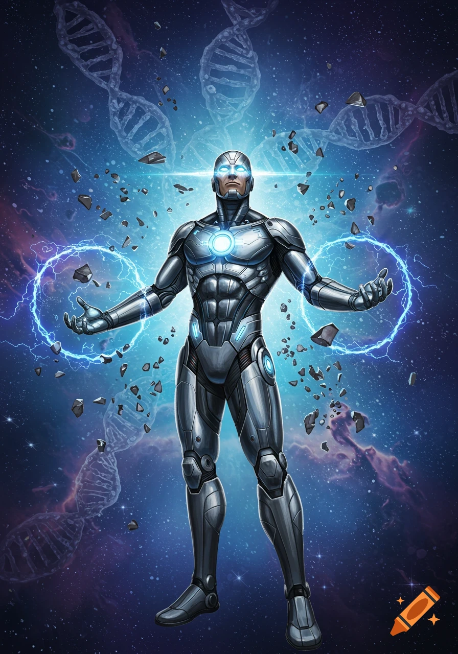A metallic superhero with glowing blue eyes and chest emblem generates electric energy rings in a cosmic background with DNA strands.