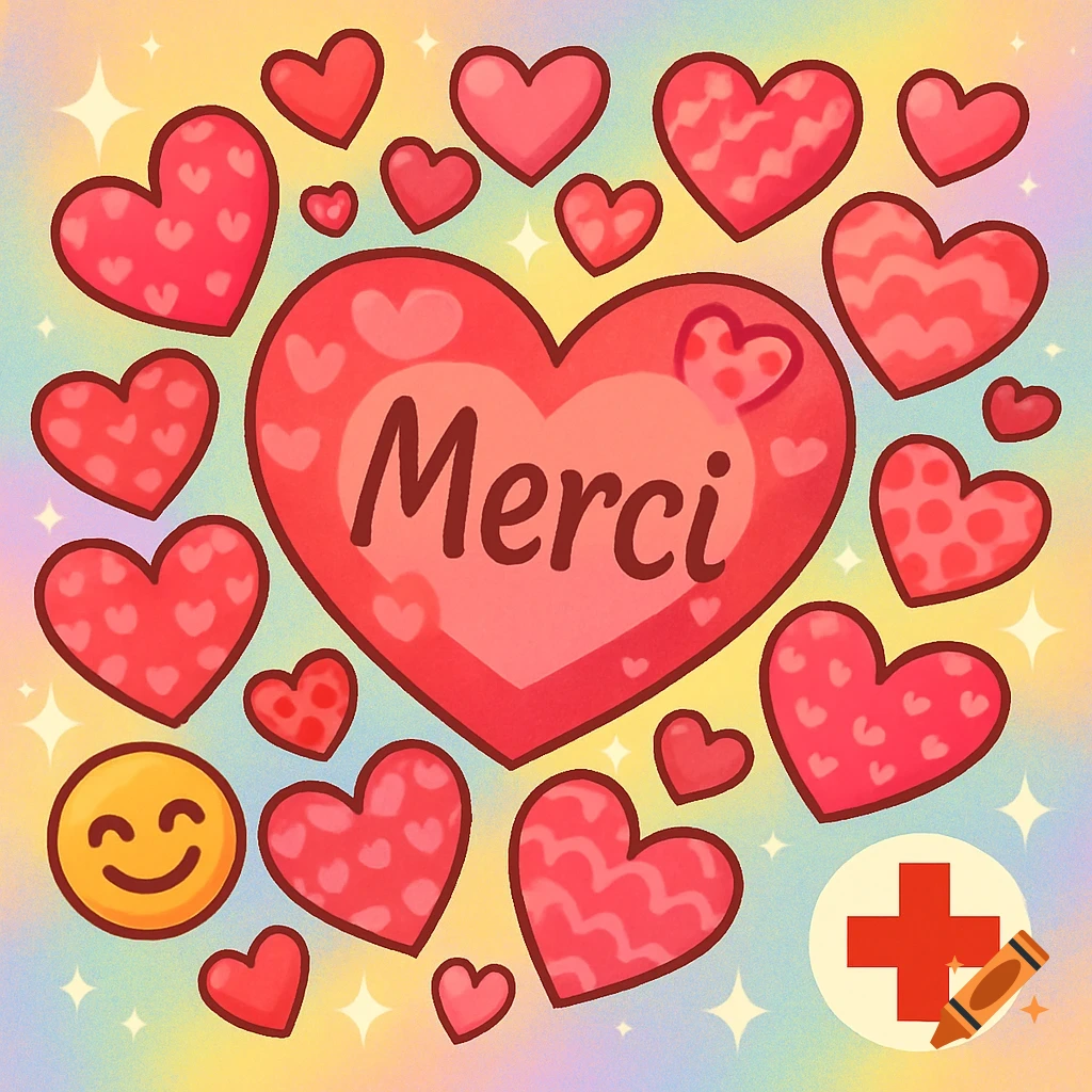 A kitsch cartoon image with many red hearts, a smiling emoji, sparkles, and a Red Cross symbol on a rainbow background. The central heart says "Merci".