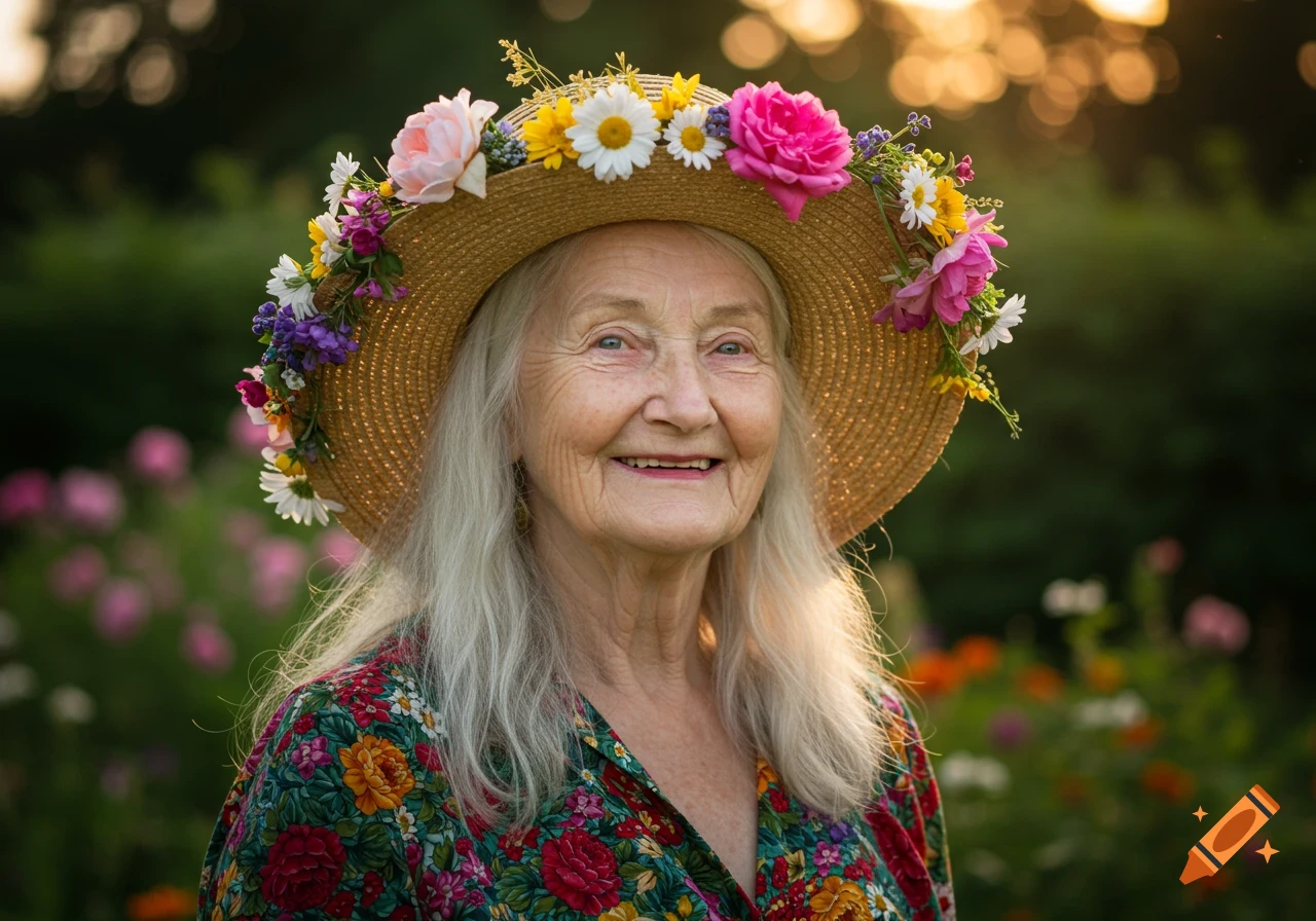 A smiling elderly woman with long gray hair wears a straw hat adorned with colorful flowers, standing in a sunny garden.