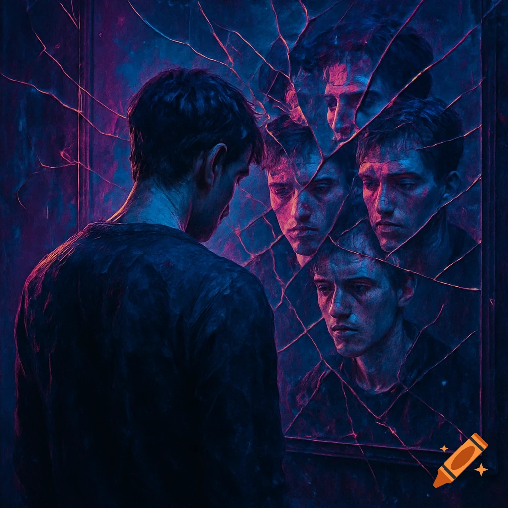 A man looks into a shattered mirror, fragments reflecting his distressed face multiple times in moody blue and purple neon light.