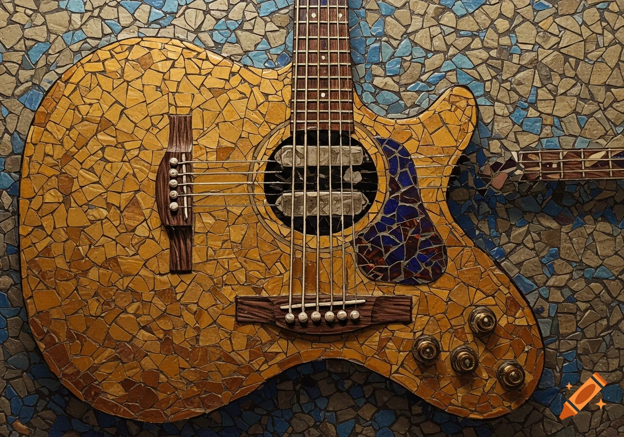 A close-up of a guitar made from a broken tile mosaic in honey, brown, and blue tones, against a mosaic background.