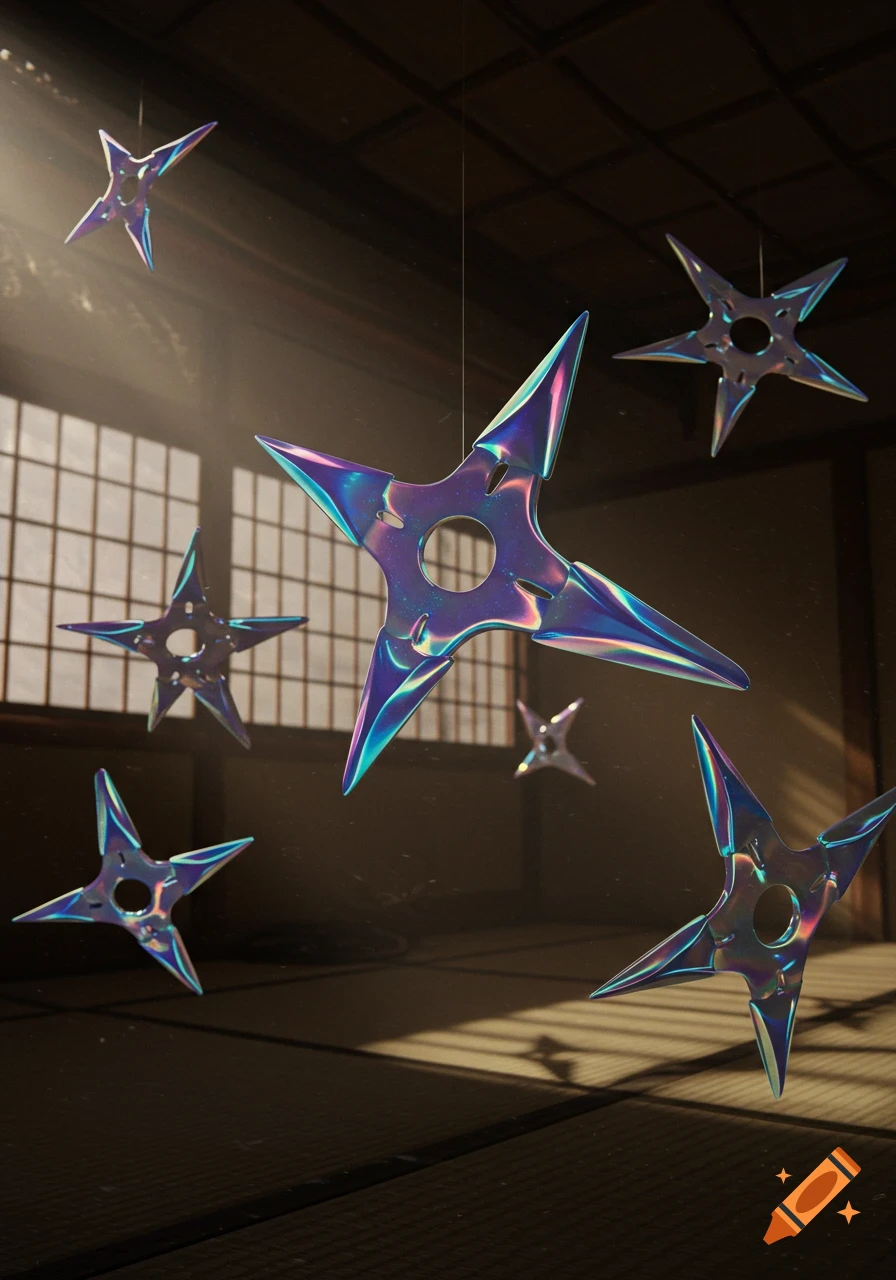 Iridescent ninja stars float in a traditional Japanese room with light streaming through shoji screens.