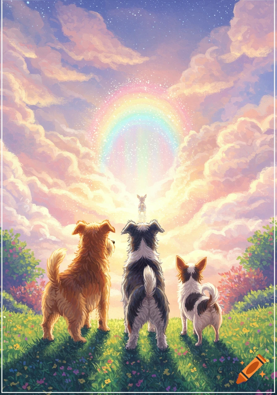 Three dogs stand in a grassy field looking up at an ethereal rainbow with a small dog in the distance, painted in a bright, colorful style.