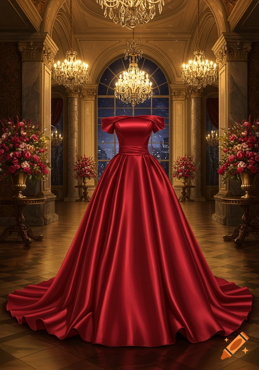 A stunning red satin ball gown in an opulent ballroom filled with chandeliers, looking out at a city night.