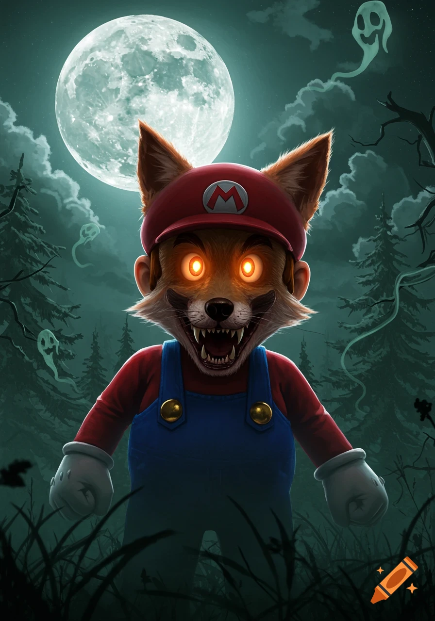 Creepy fox-like Mario with glowing eyes and sharp teeth stands in a dark, spooky forest under a full moon with ghostly figures.
