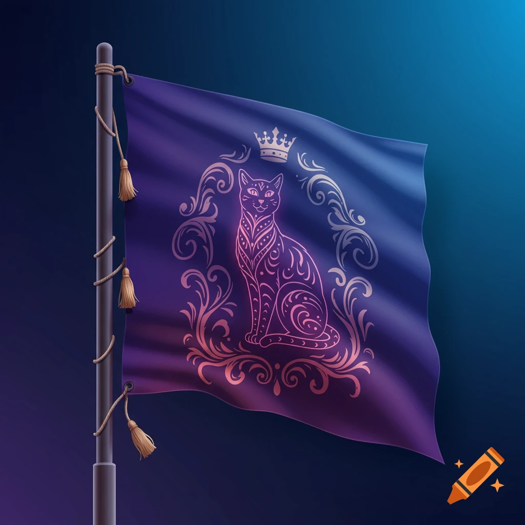 A blue and purple flag with a stylized glowing pink cat wearing a crown, surrounded by ornate designs, on a flagpole.