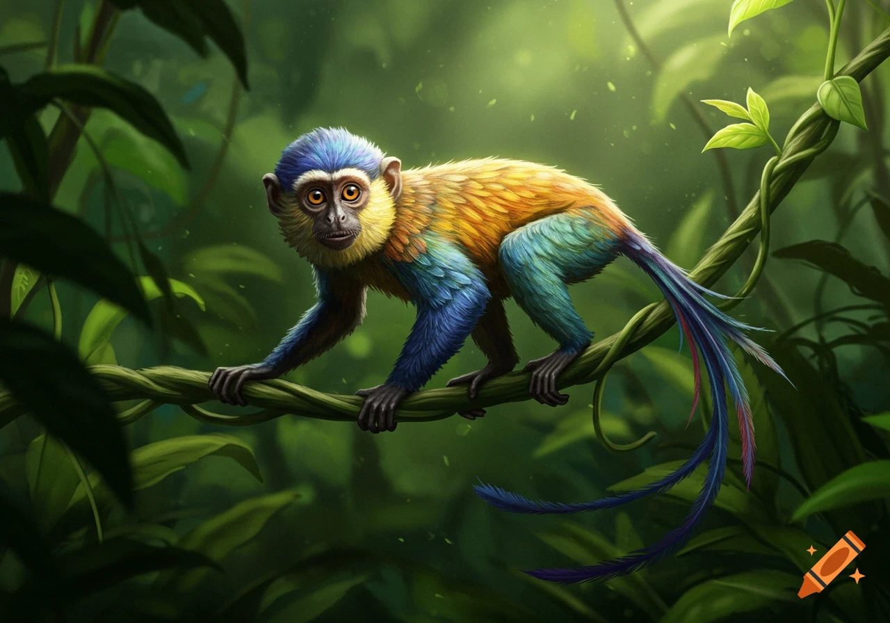 A colorful bird monkey with blue, yellow, and orange feathers perched on a vine in a lush green jungle, in an illustrative style.
