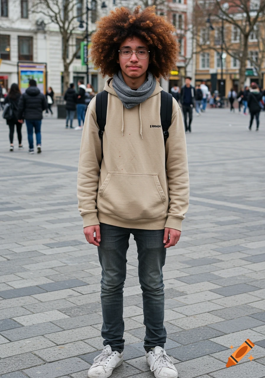 A young man with large light brown curly hair and glasses, wearing a beige hoodie, grey scarf, and jeans, stands in a city square.