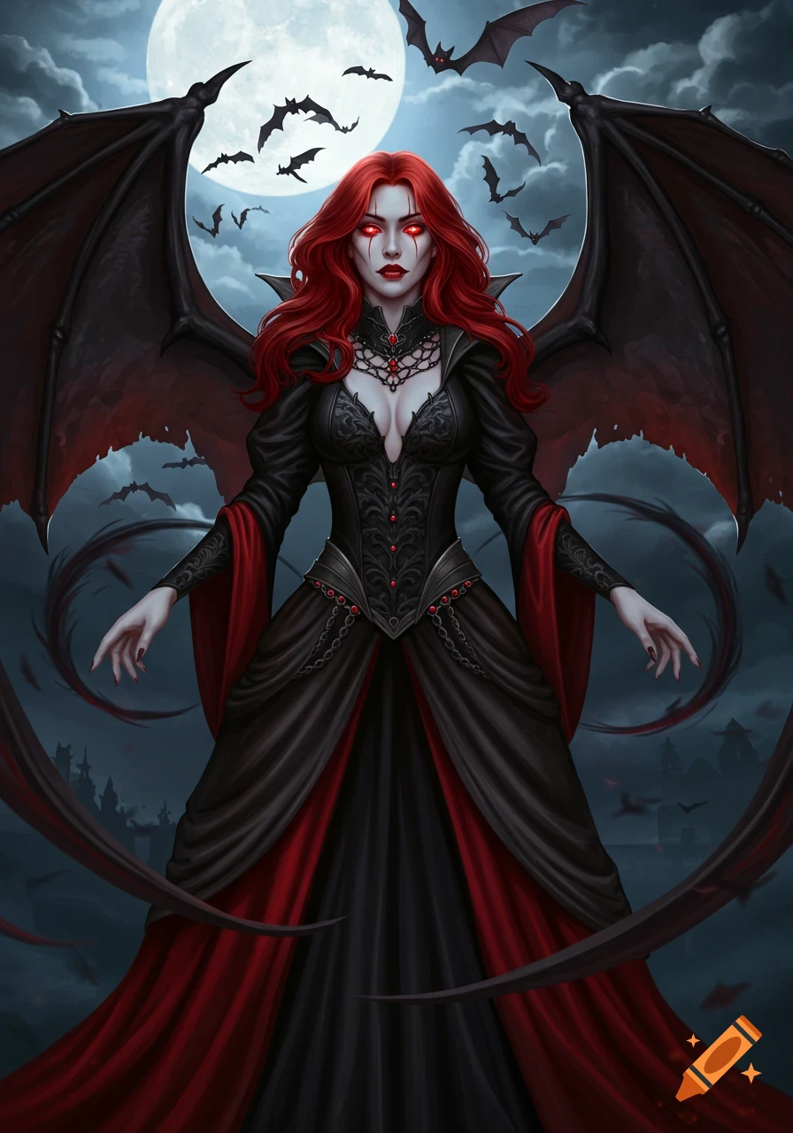 Red-haired vampire with glowing red eyes and large bat wings in a gothic gown stands under a full moon with bats flying around.