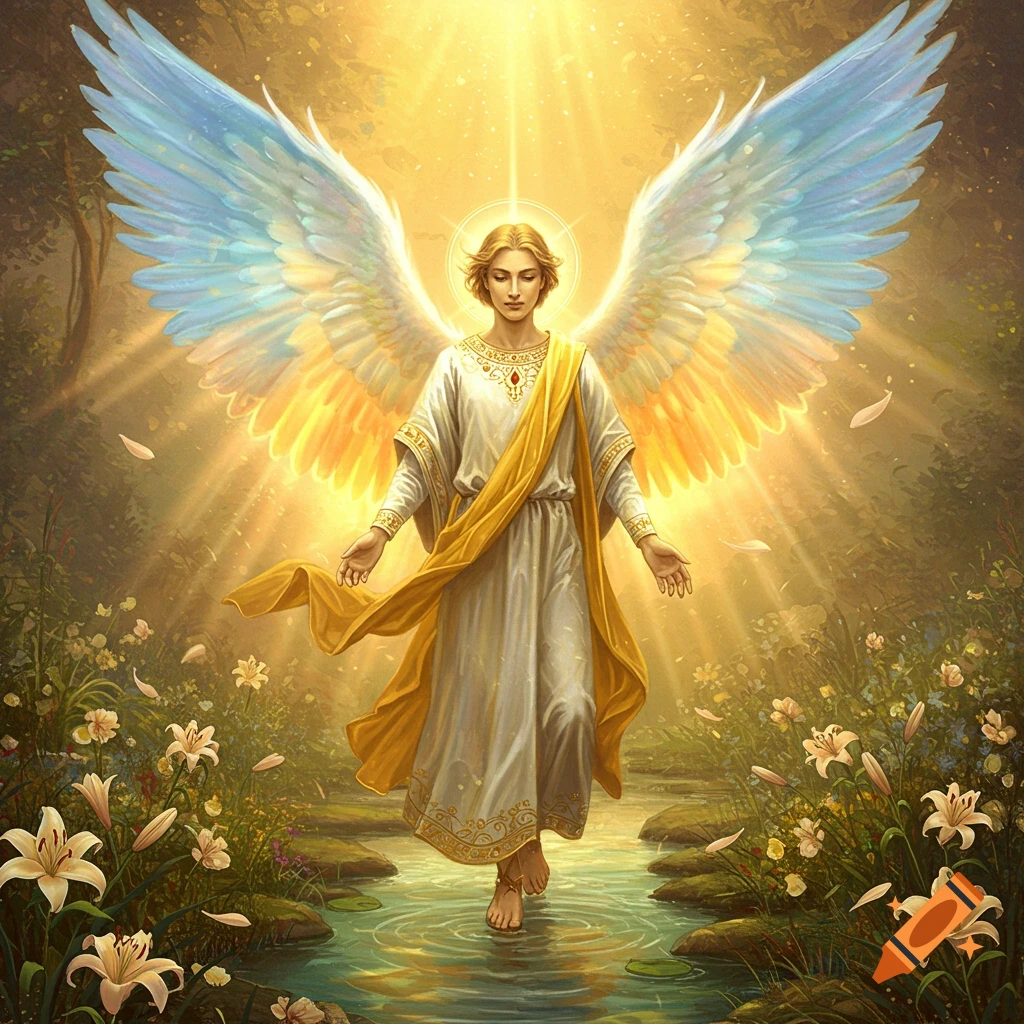 An ethereal angel with large, glowing wings and a halo walks barefoot through a sunlit stream in a lush garden with white lilies.