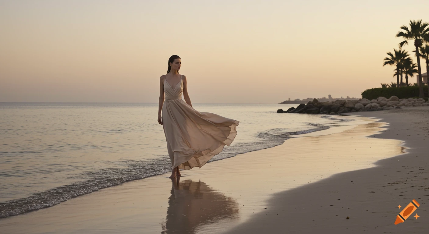 A woman in a flowing neutral-toned dress walks on a wet beach at twilight, with palm trees and a serene ocean in the background.