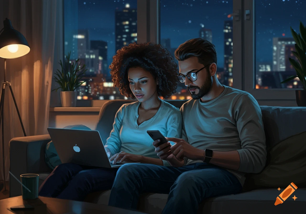 A man and a woman on a couch at night, both focused on a laptop and a smartphone, with a city skyline visible outside a large window.