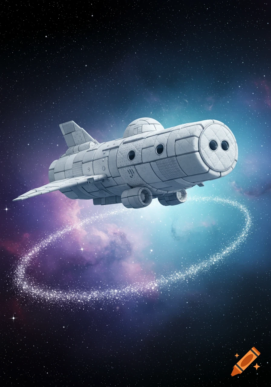 A quilted, mattress-like spaceship with large portholes flies through a star-filled nebula, leaving a sparkling, spiraling trail.