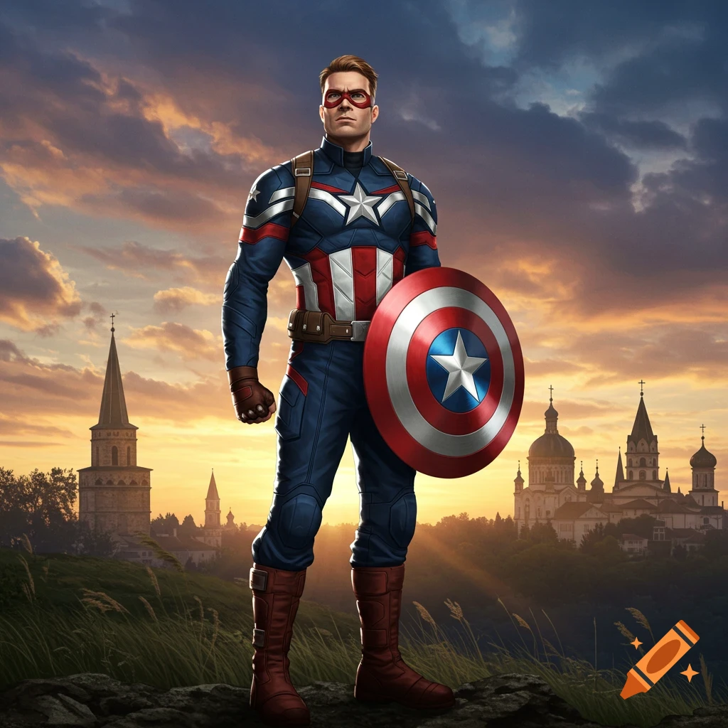 Captain America in his iconic suit and shield stands on a hill overlooking a city with cathedrals at sunset.
