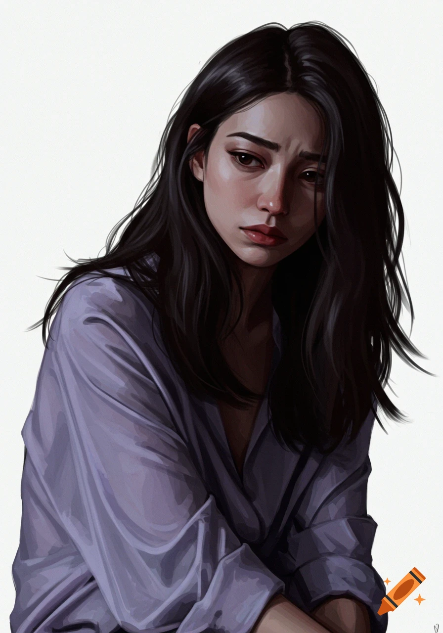 Digital painting of a sad woman with long dark hair, wearing a purple collared shirt, against a white background.