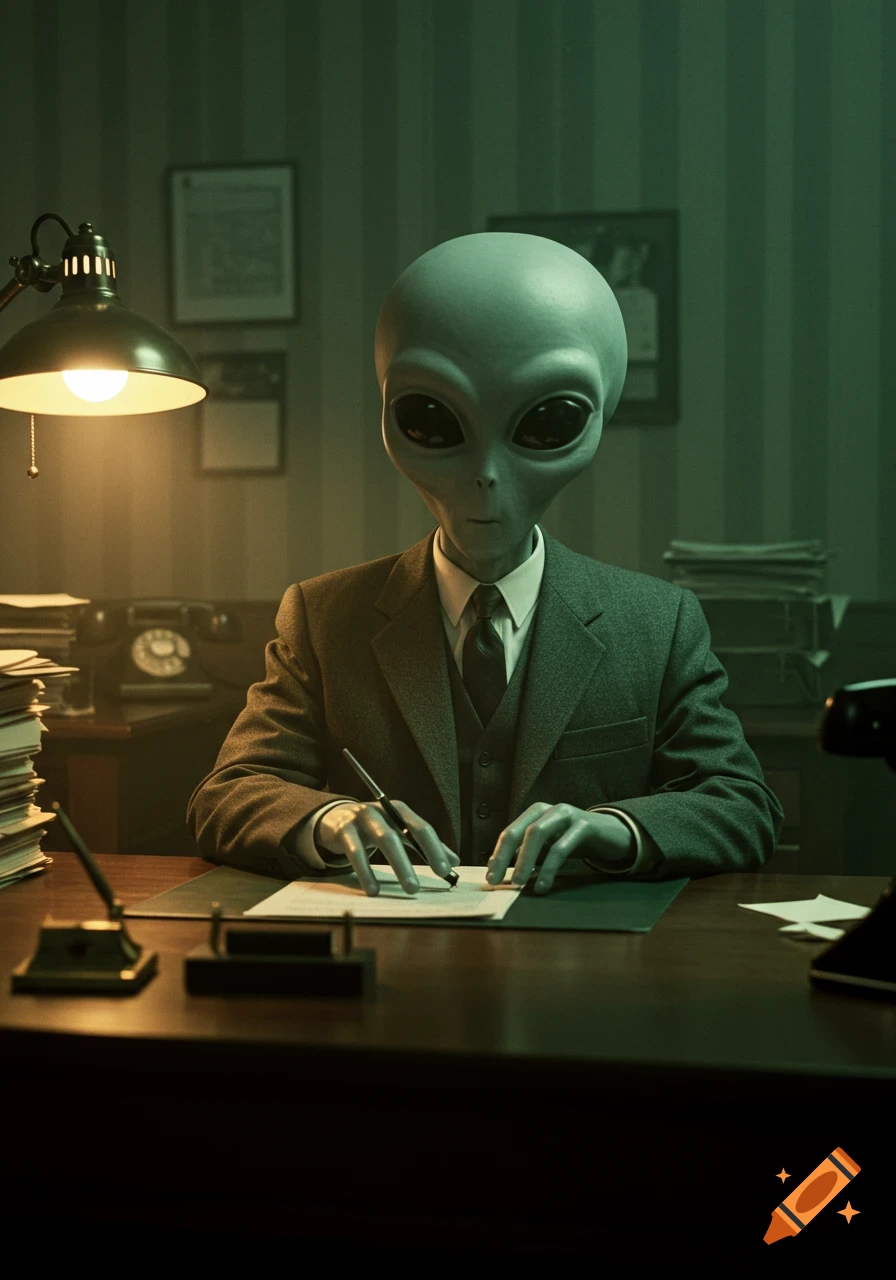 Photorealistic gray alien in a suit works at a vintage 1950s office desk, bathed in warm lamp light.