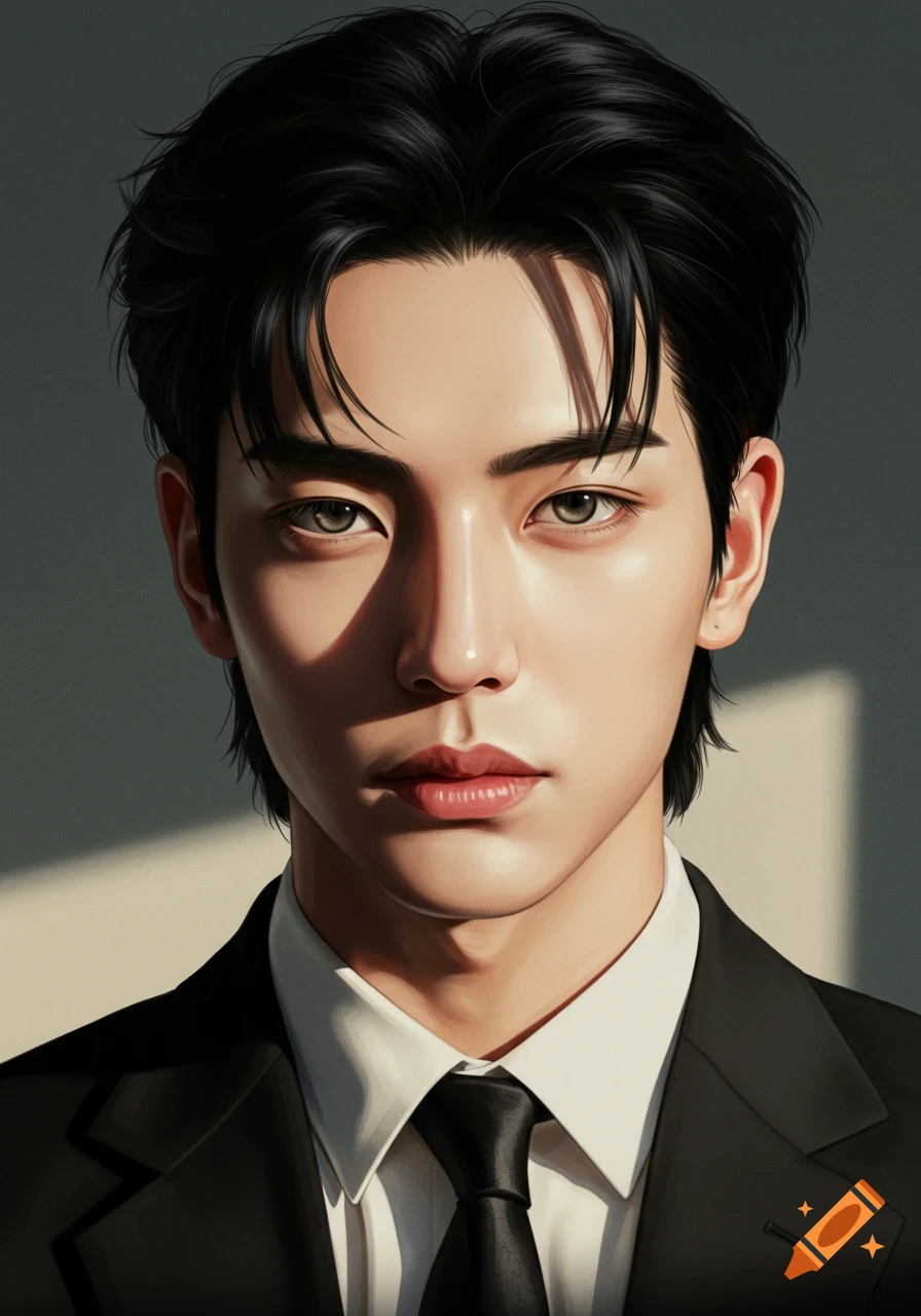 Stylized portrait of a handsome young Korean man with dark hair, sharp features, wearing a black suit and tie, with dramatic lighting.
