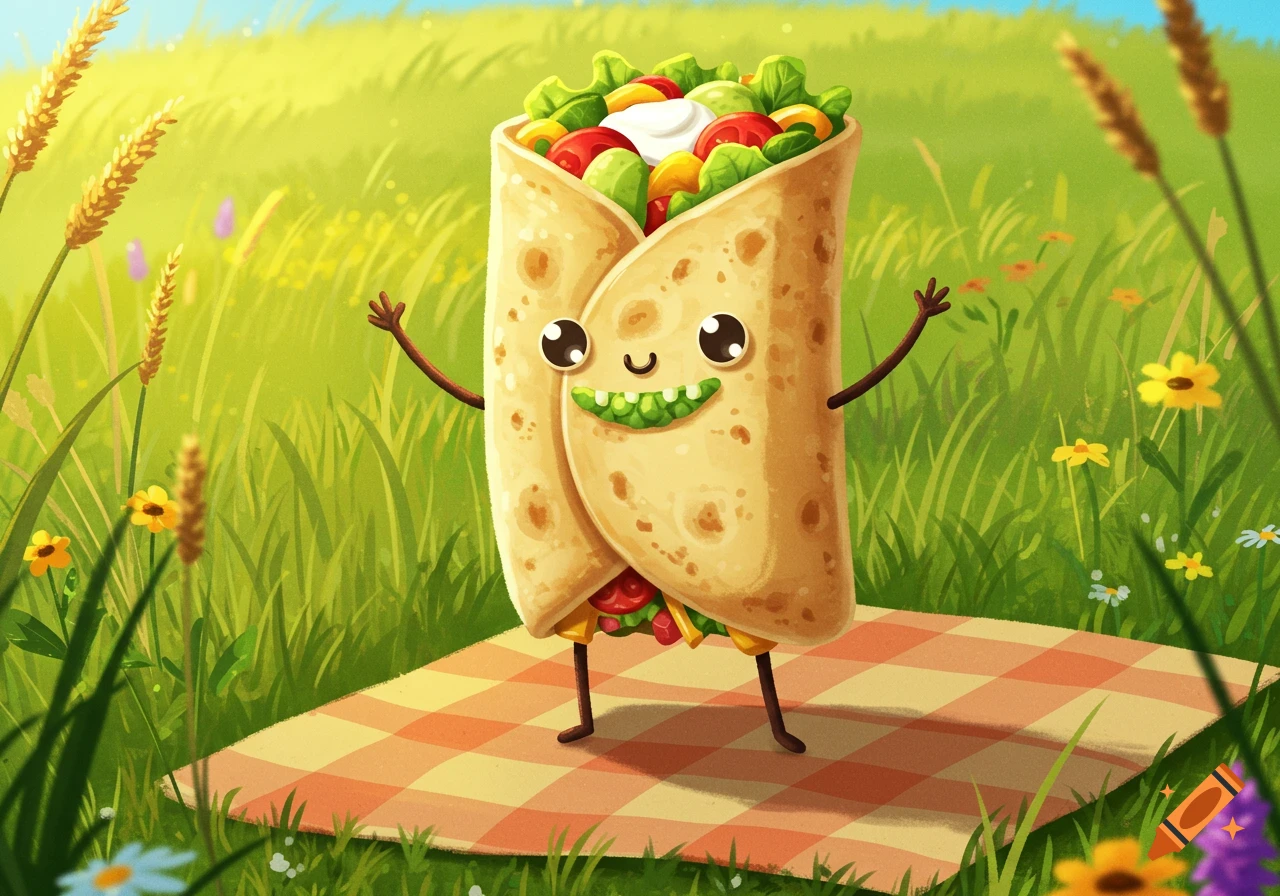 A happy cartoon burrito with stick arms and legs stands on a picnic blanket in a sunny green field with flowers, illustration style.