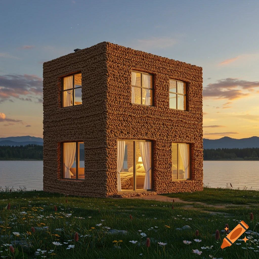 A rectangular house with a textured, crochet-like exterior stands by a lake at sunset. The windows glow, and a path leads to it through a field of wildflowers.