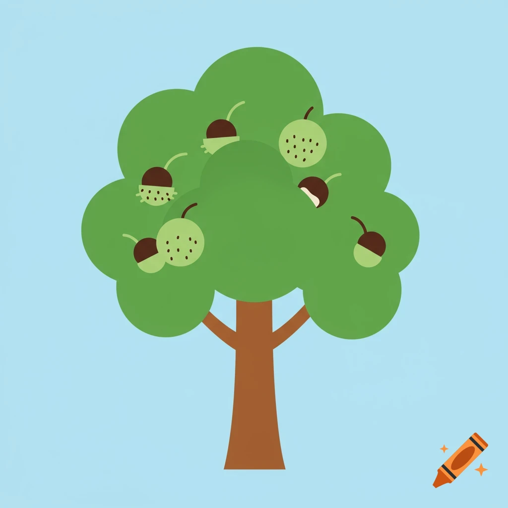 A simple vector illustration of a chestnut tree with stylized green leaves, a brown trunk, and chestnuts against a light blue background.