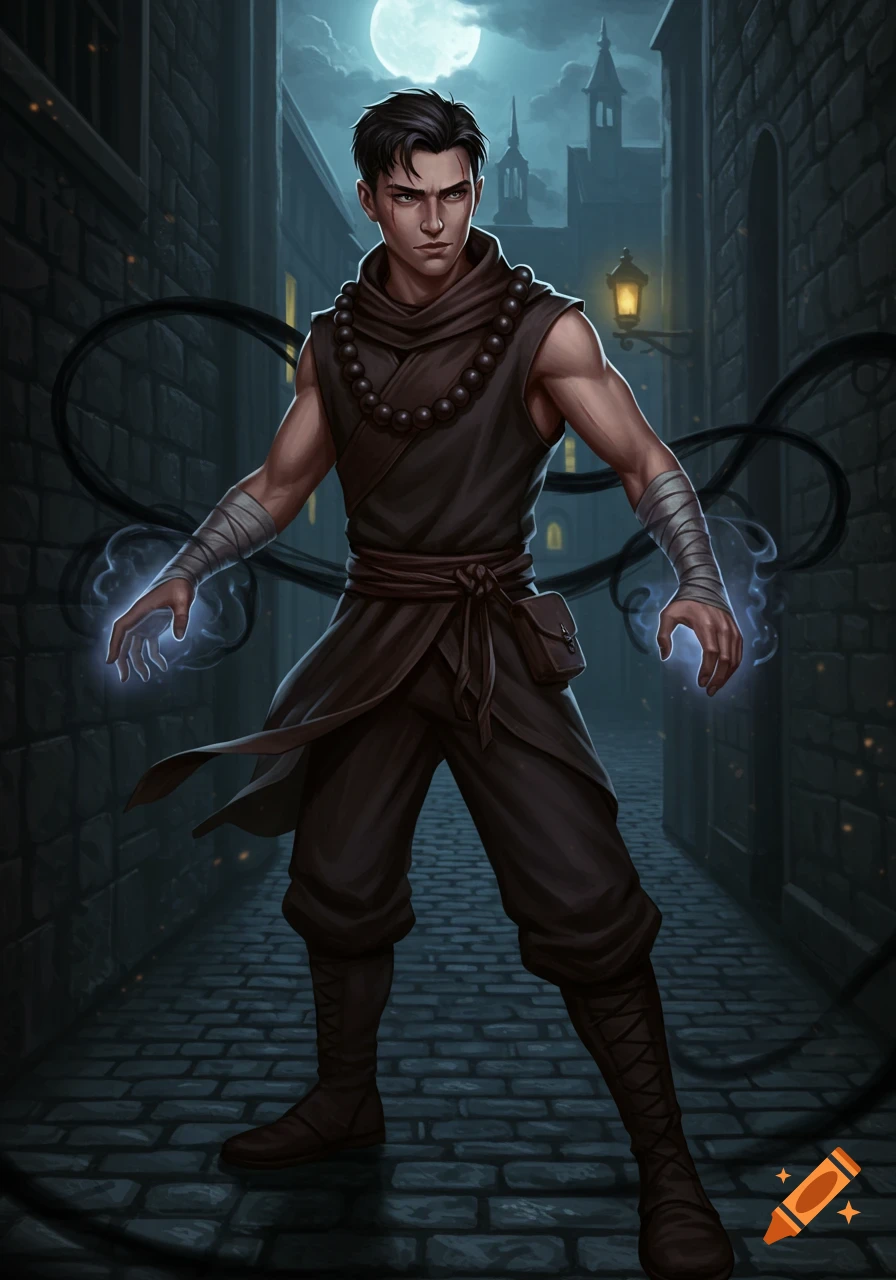 A lean, dark-haired male monk with glowing hands stands in a moonlit alley at night, wearing dark robes and prayer beads.