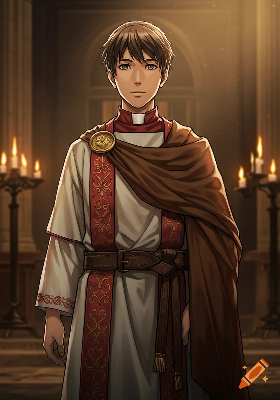 Anime-style drawing of a young man in a white tunic, red stole, and brown cloak, standing in a dimly lit church with candles.
