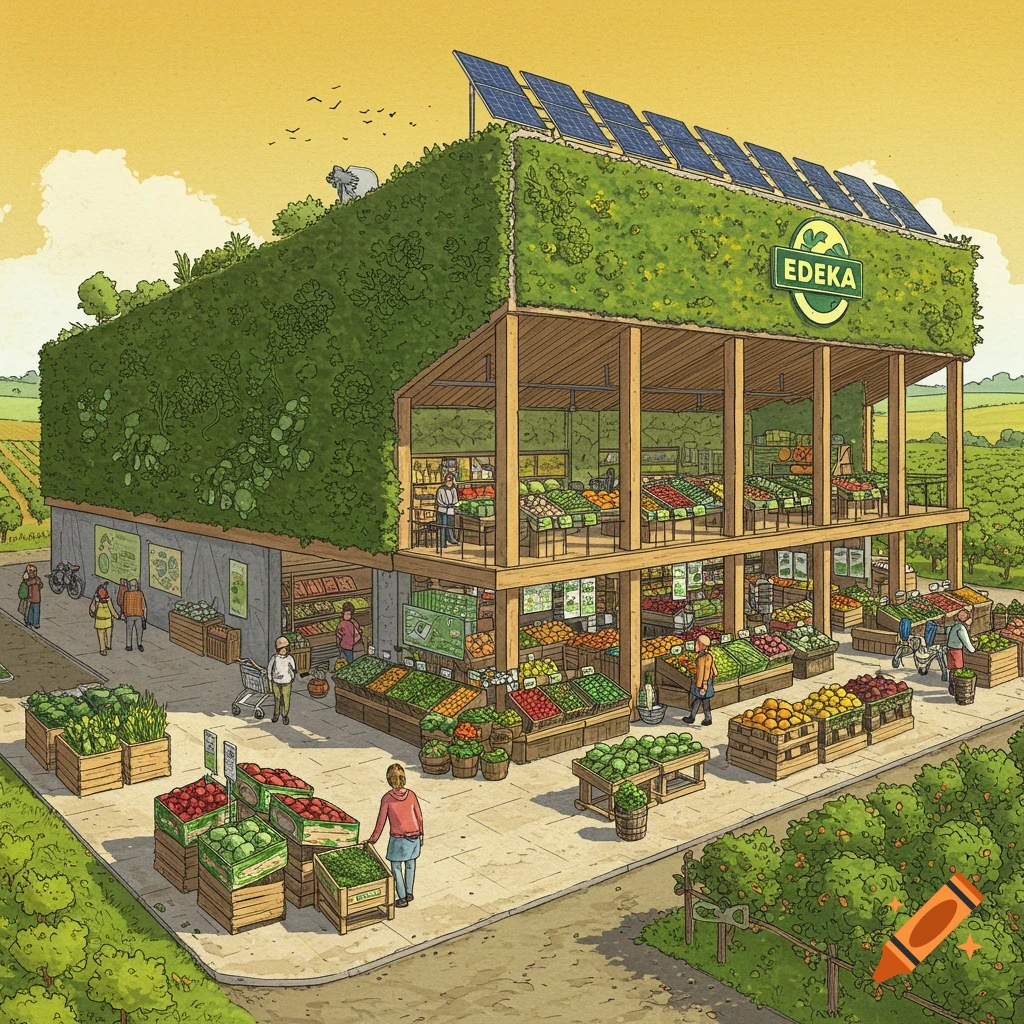 A detailed illustration of a two-story EDEKA supermarket with a green roof, solar panels, and people shopping for fresh produce. It's surrounded by agricultural fields under a yellow sky.