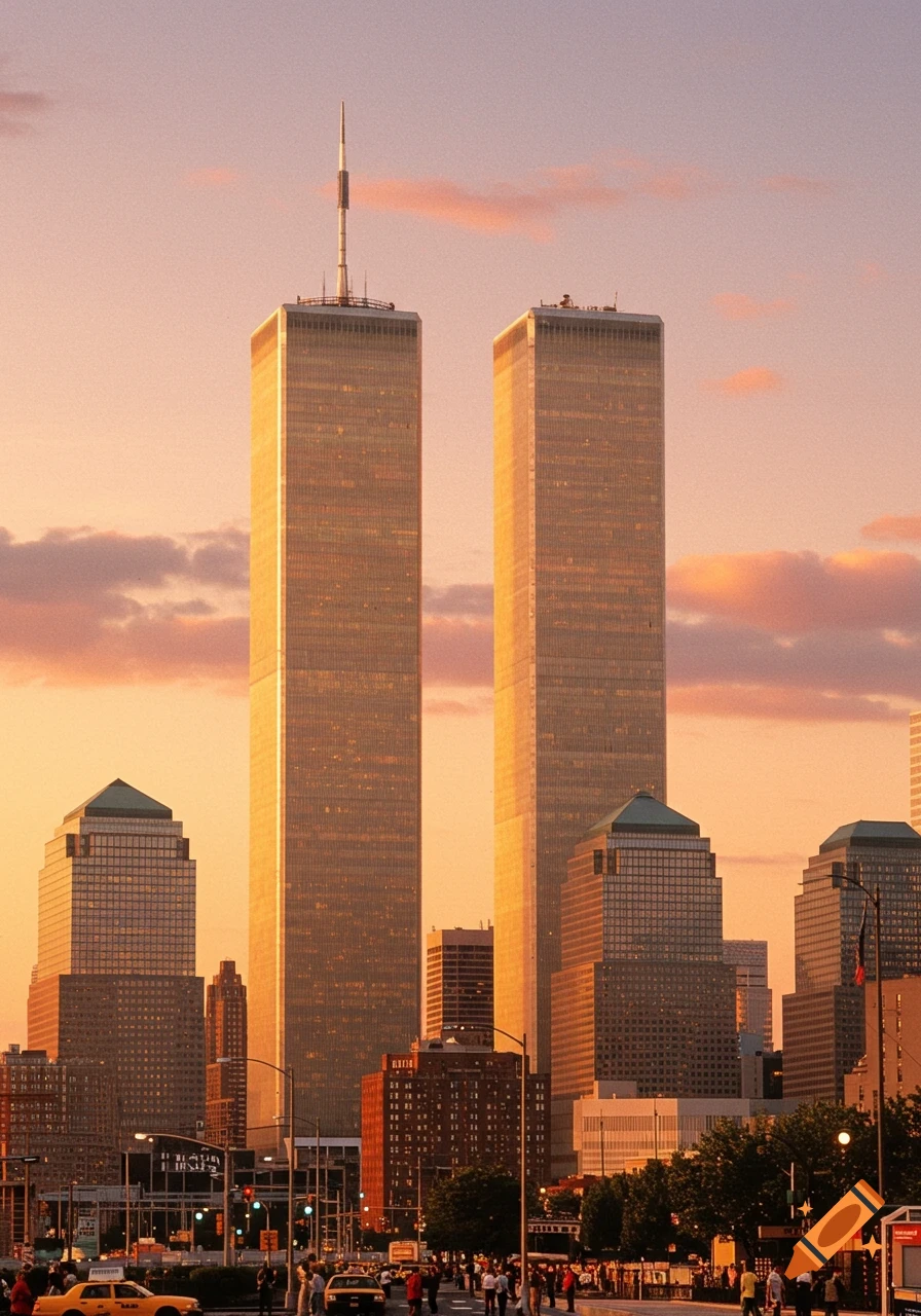 Photorealistic image of the Twin Towers and other skyscrapers against an orange sunset sky, with a busy street scene below.