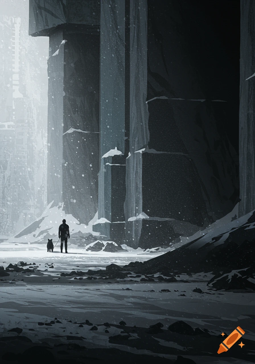 Digital painting of a lone figure and dog walking through a desolate, snowy landscape with towering dark structures.