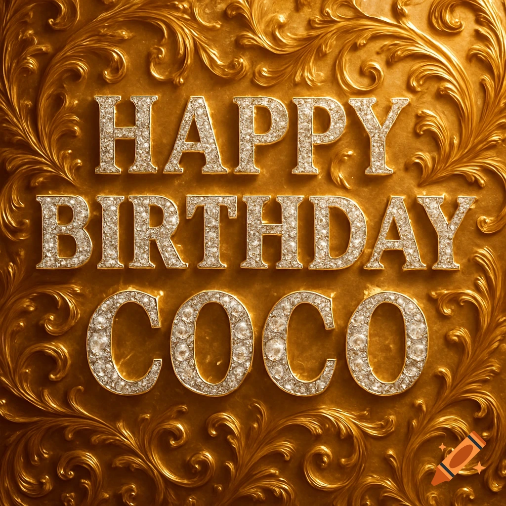 Ornate gold background with diamond-encrusted letters spelling 'Happy Birthday Coco'.