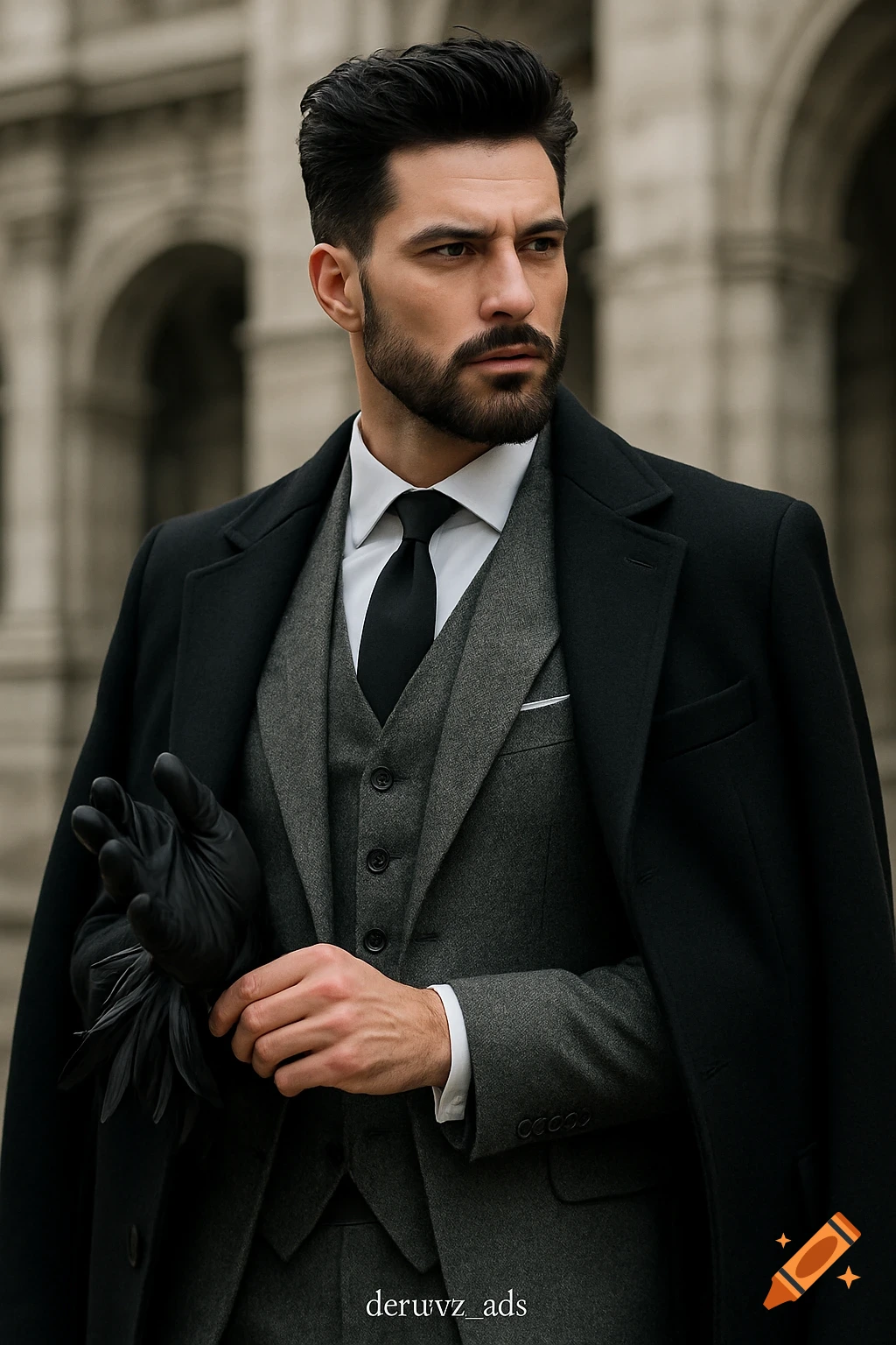 A dapper man in a grey three-piece suit and black overcoat holds black gloves, standing before classical architecture.