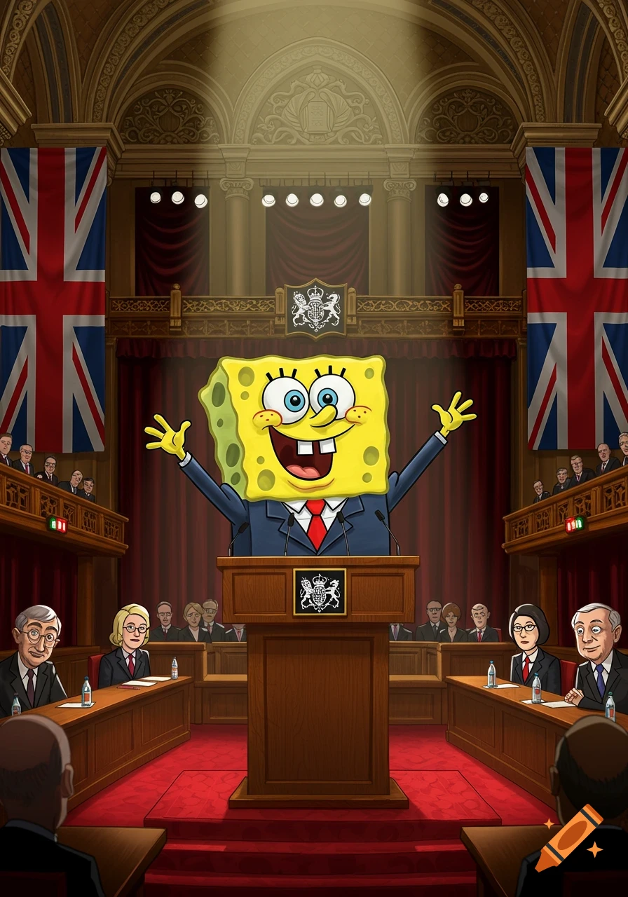 Cartoon Spongebob Squarepants in a suit speaks from a podium in a British parliamentary hall, with Union Jack flags and seated politicians.