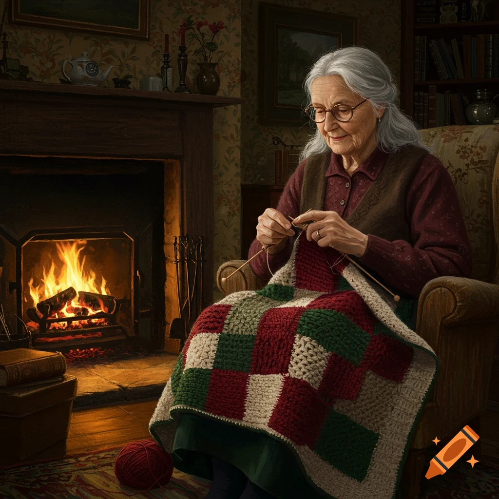 An elderly woman with gray hair and glasses knits a red, green, and white blanket by a warm fireplace in a cozy, detailed room.