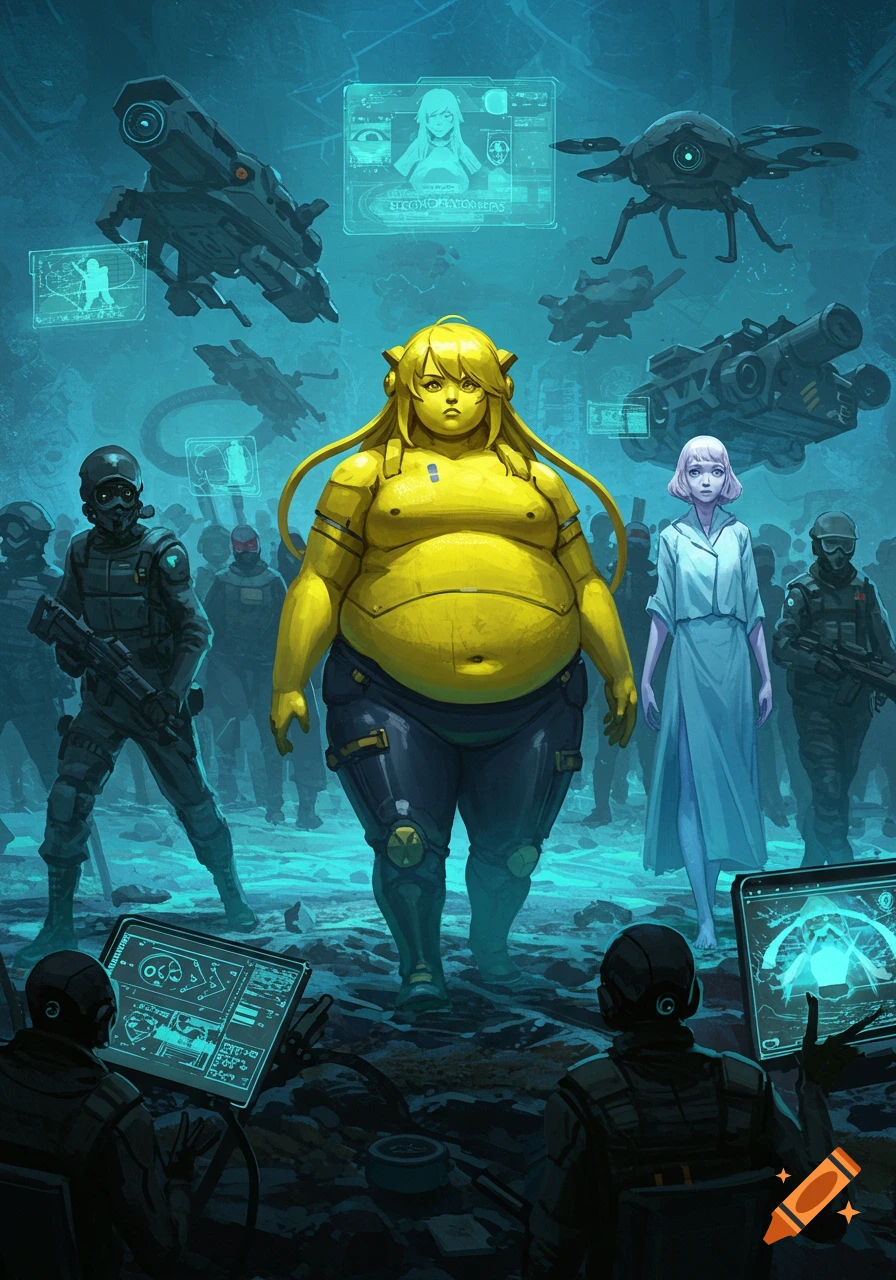 A chubby, long-haired yellow anime woman and a pale blue-clad woman stand among armed soldiers and drones in a futuristic, cold-war battlefield.