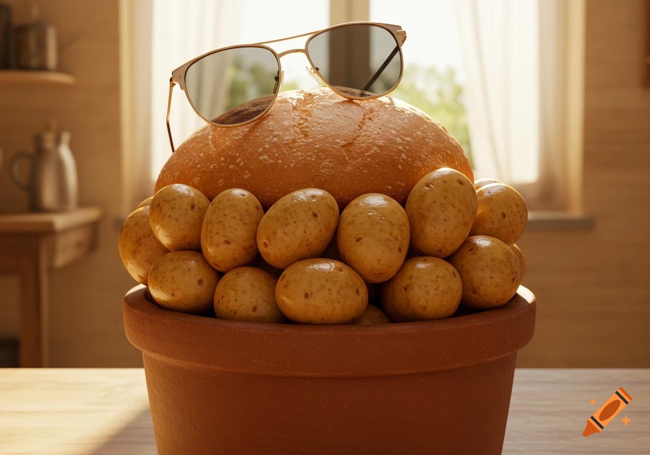 A photorealistic image of a round loaf of bread wearing sunglasses, sitting atop numerous small potatoes in a terracotta pot on a sunlit wooden table.