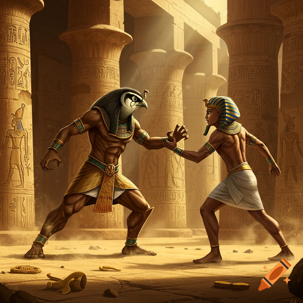An illustration of the bird-headed Egyptian god Ra confronting King Tut in an ancient temple setting.
